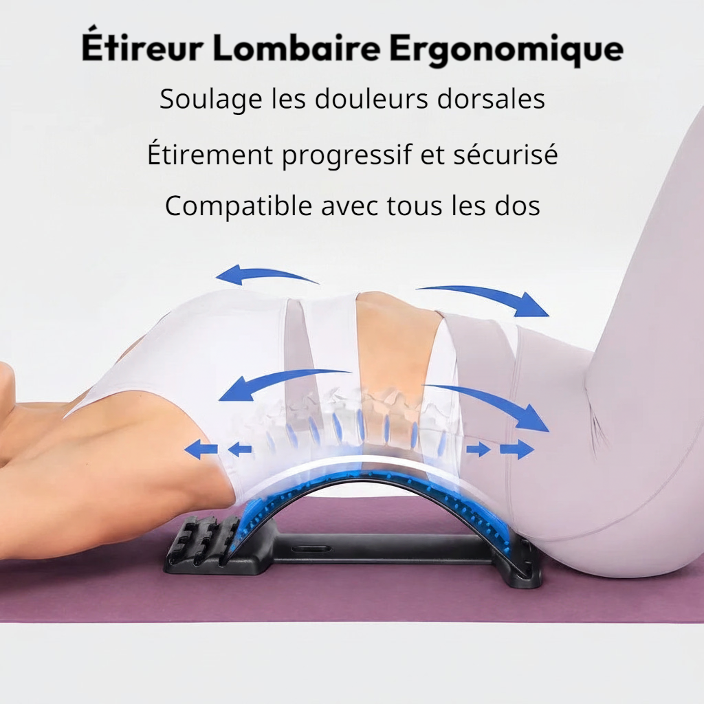 Étireur lombaire ergonomique NUVORA bleu et noir utilisé par une femme pour soulager les tensions du dos